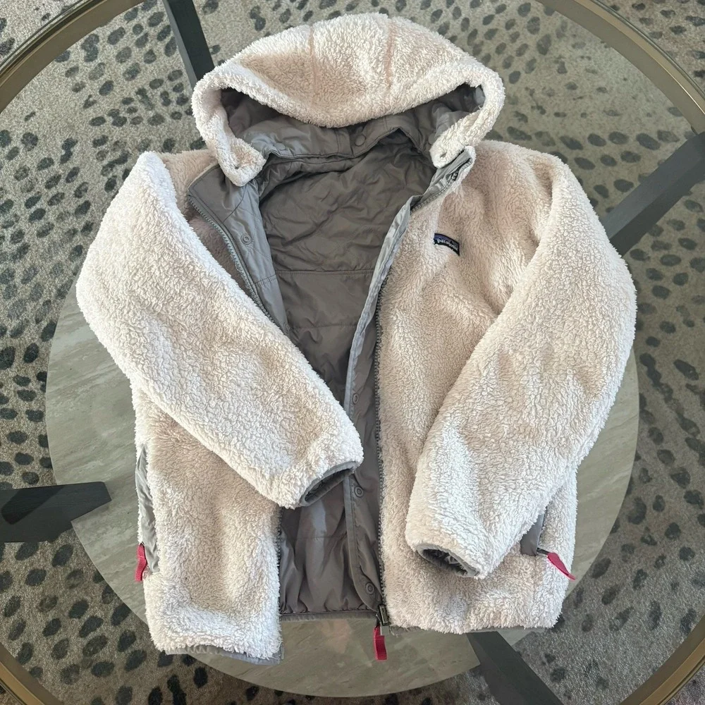 Patagonia Ready Freddy 2in1 Reversible Hooded Gray‎ Cream Fleece Jacket SzS